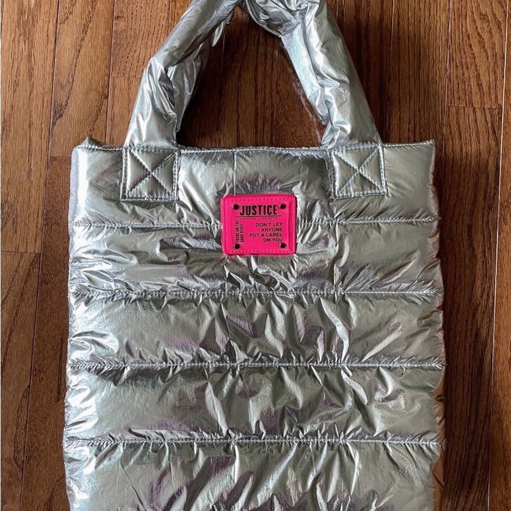 Silver puffer tote bag